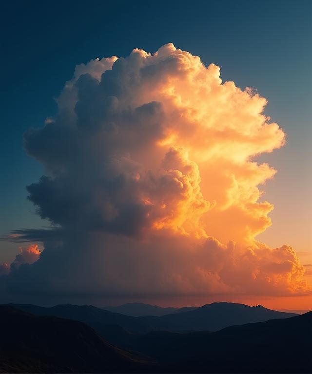 Un maestoso fronte temporalesco che incontra un tramonto dorato sopra un paesaggio montuoso